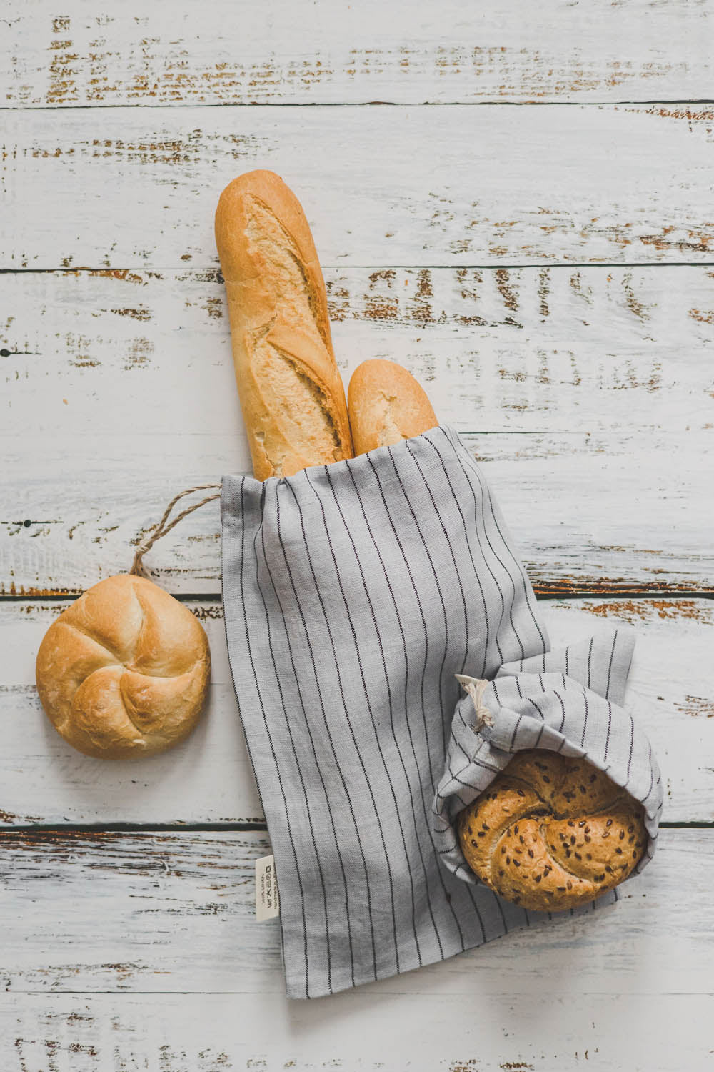 Grey linen bread bag with black stripes