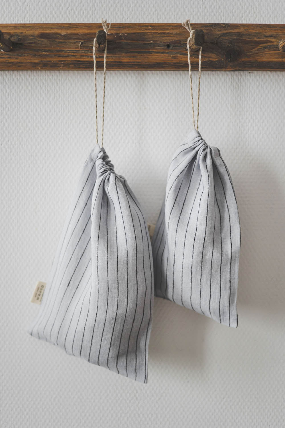 Grey linen bread bag with black stripes