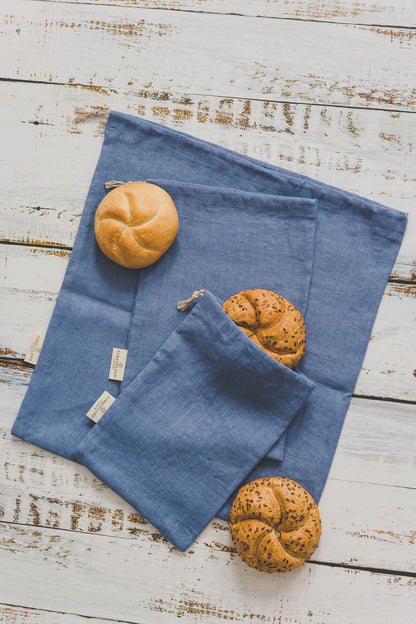 Denim blue linen bread bag