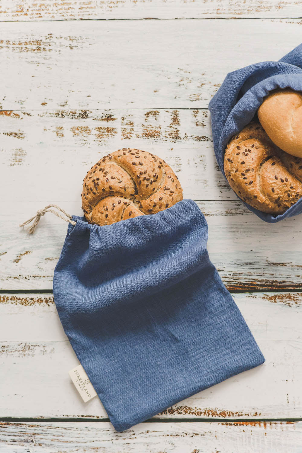 Denim blue linen bread bag