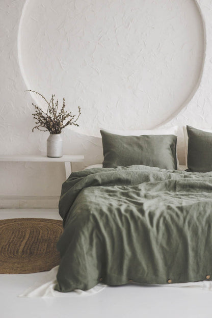 Gray green linen duvet cover with buttons