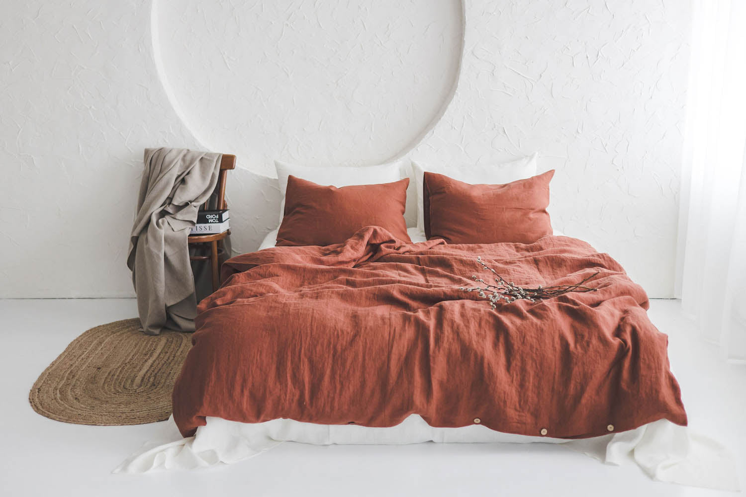 Burnt orange linen duvet cover with buttons