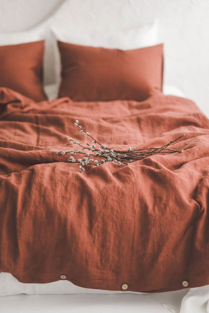 Burnt orange linen duvet cover with buttons