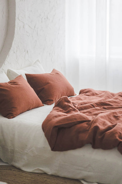 Burnt orange linen duvet cover with buttons