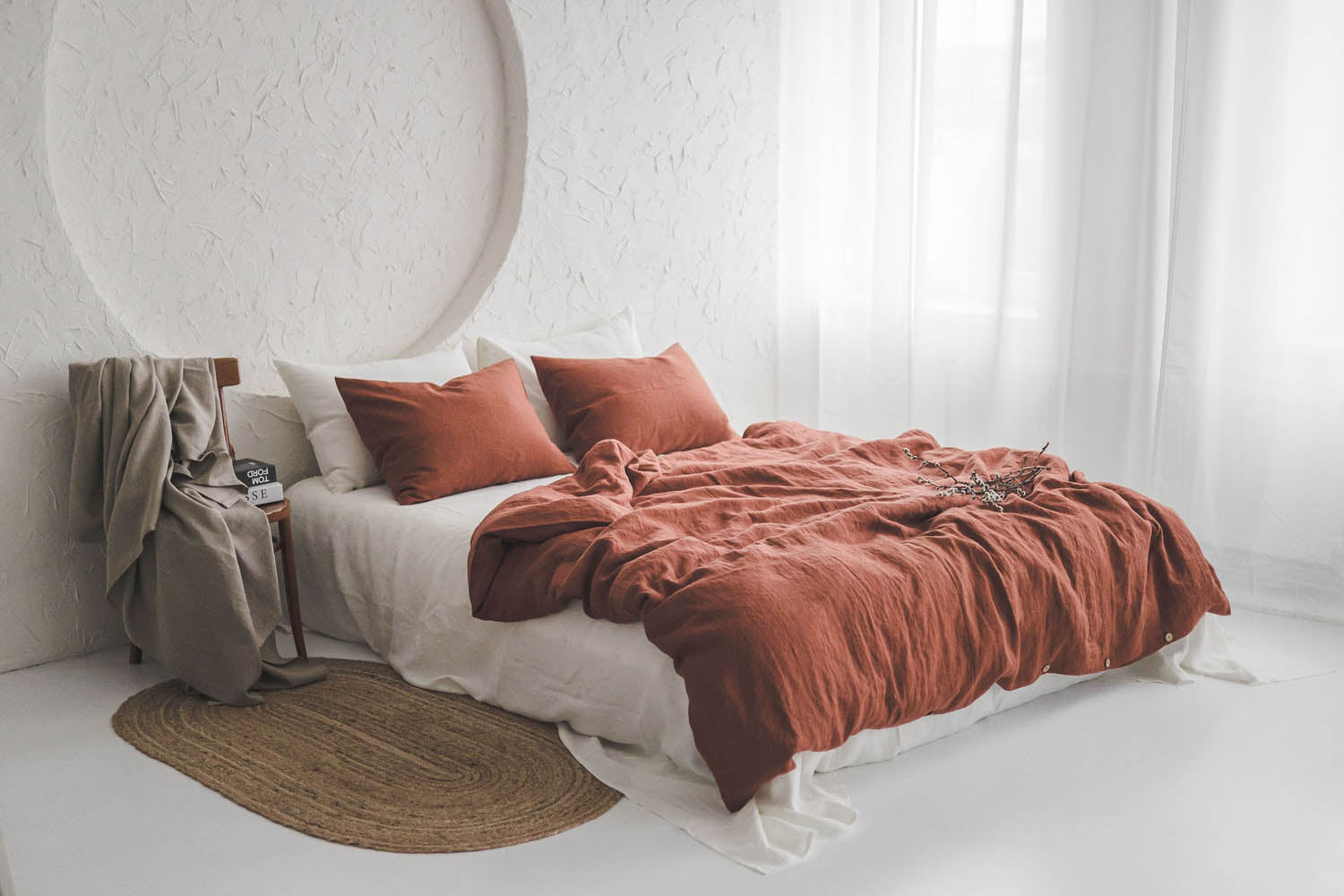 Burnt orange linen duvet cover with buttons