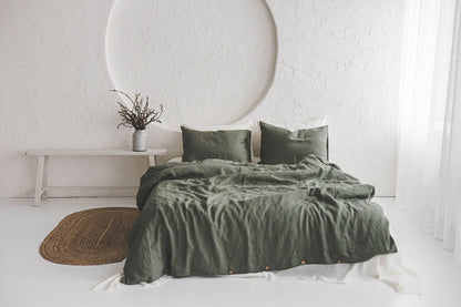 Gray green linen duvet cover with buttons