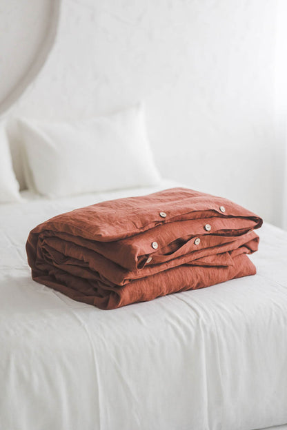 Burnt orange linen duvet cover with buttons