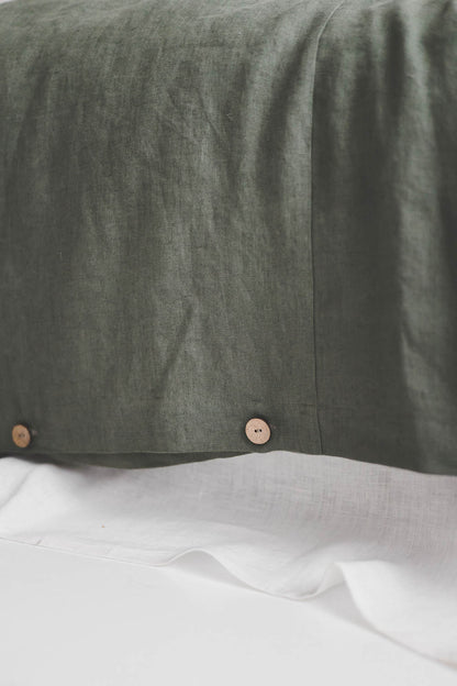 Gray green linen duvet cover with buttons