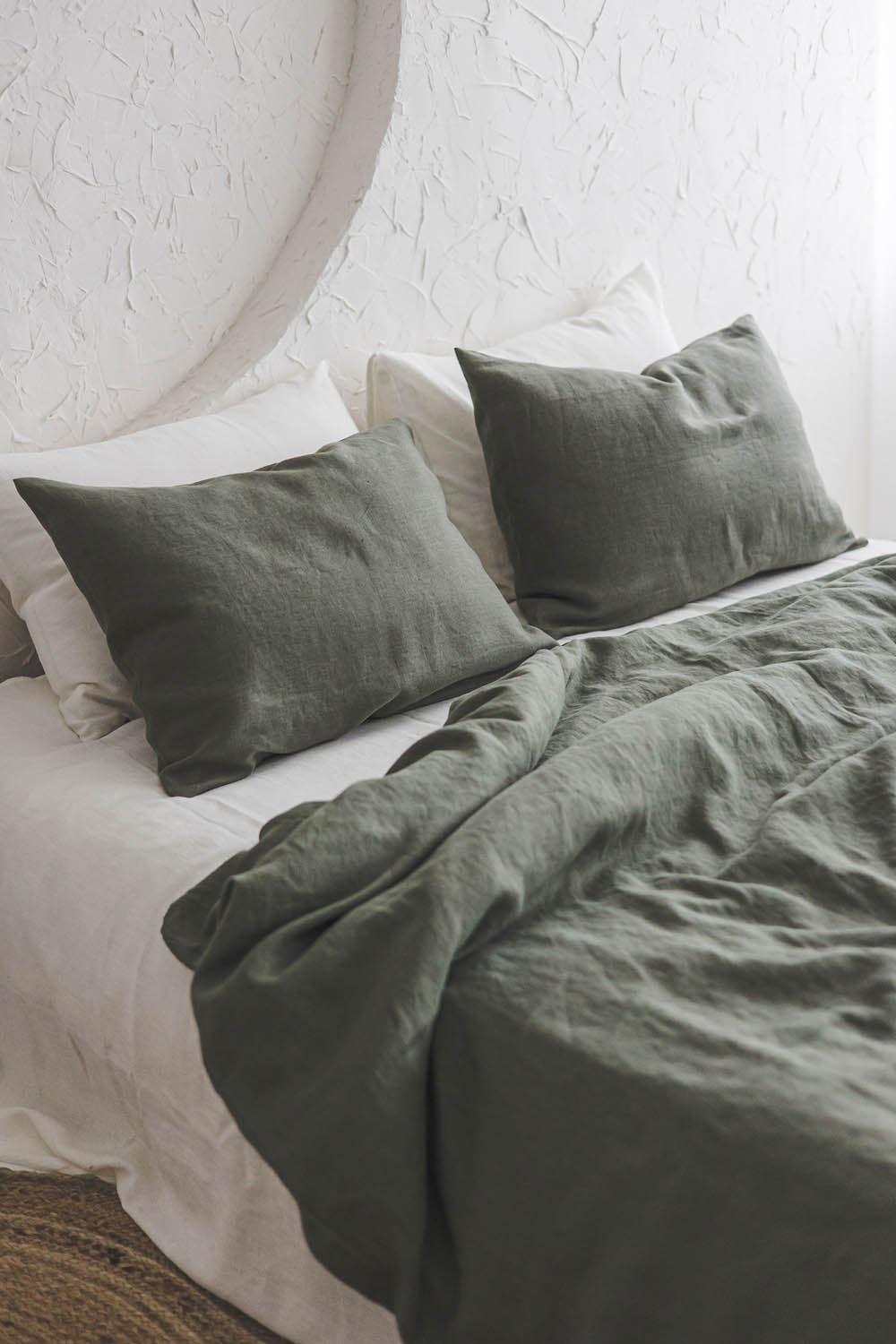 Gray green linen duvet cover with buttons