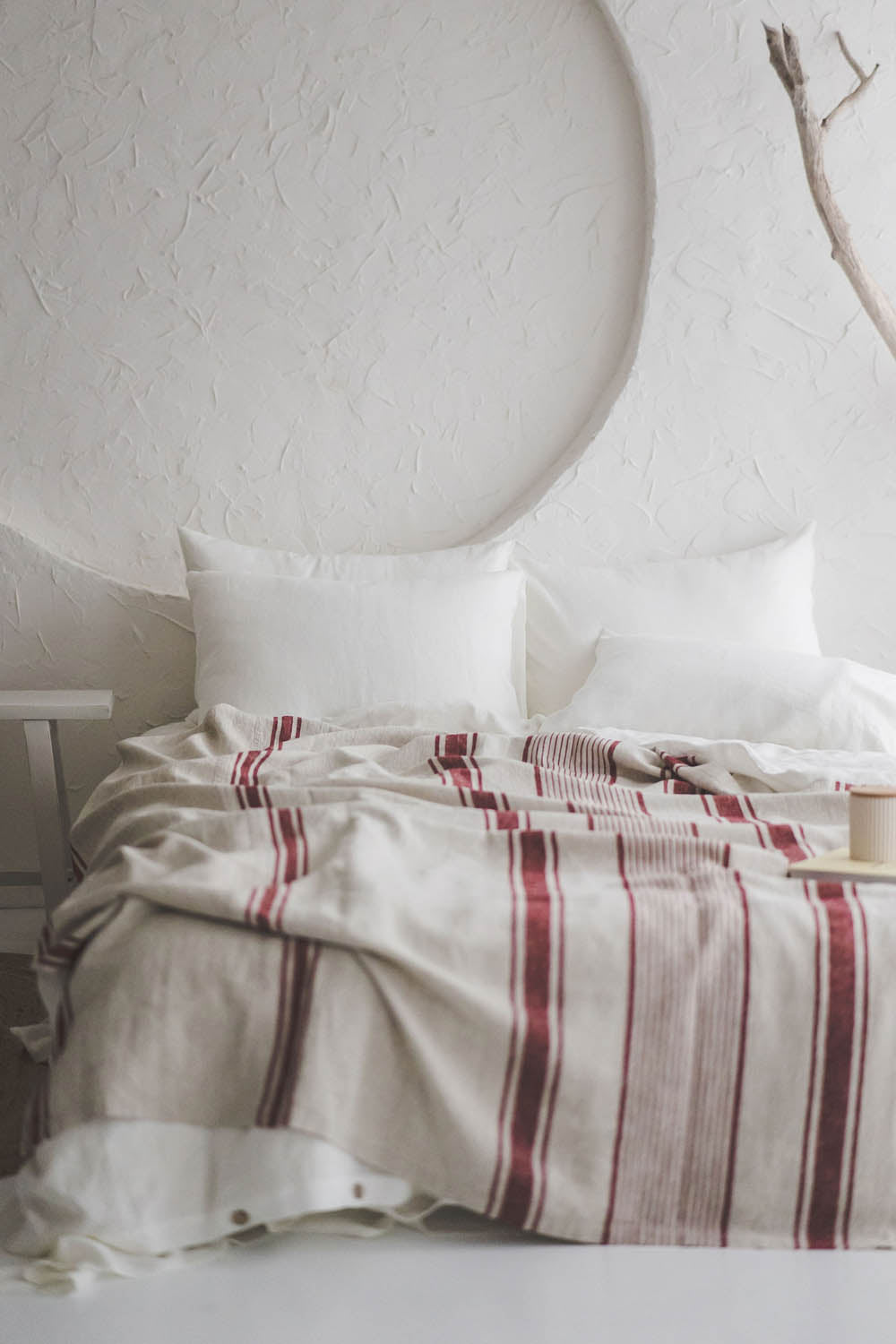 French style linen bedspread with cherry red stripes