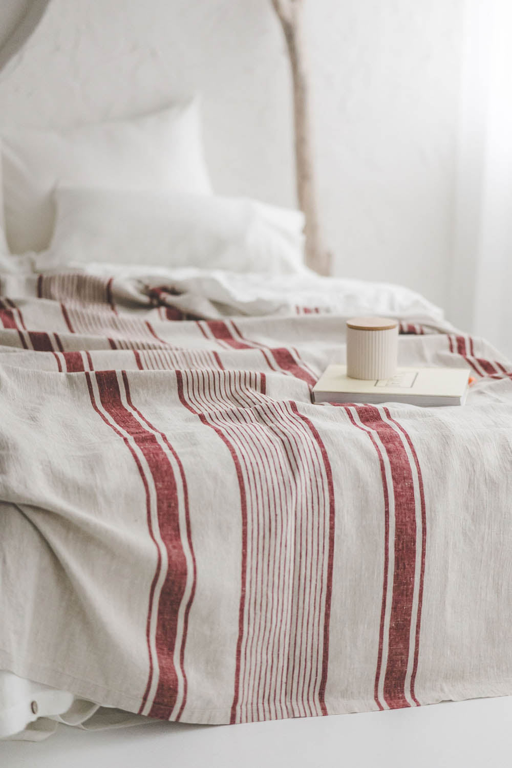 French style linen bedspread with cherry red stripes