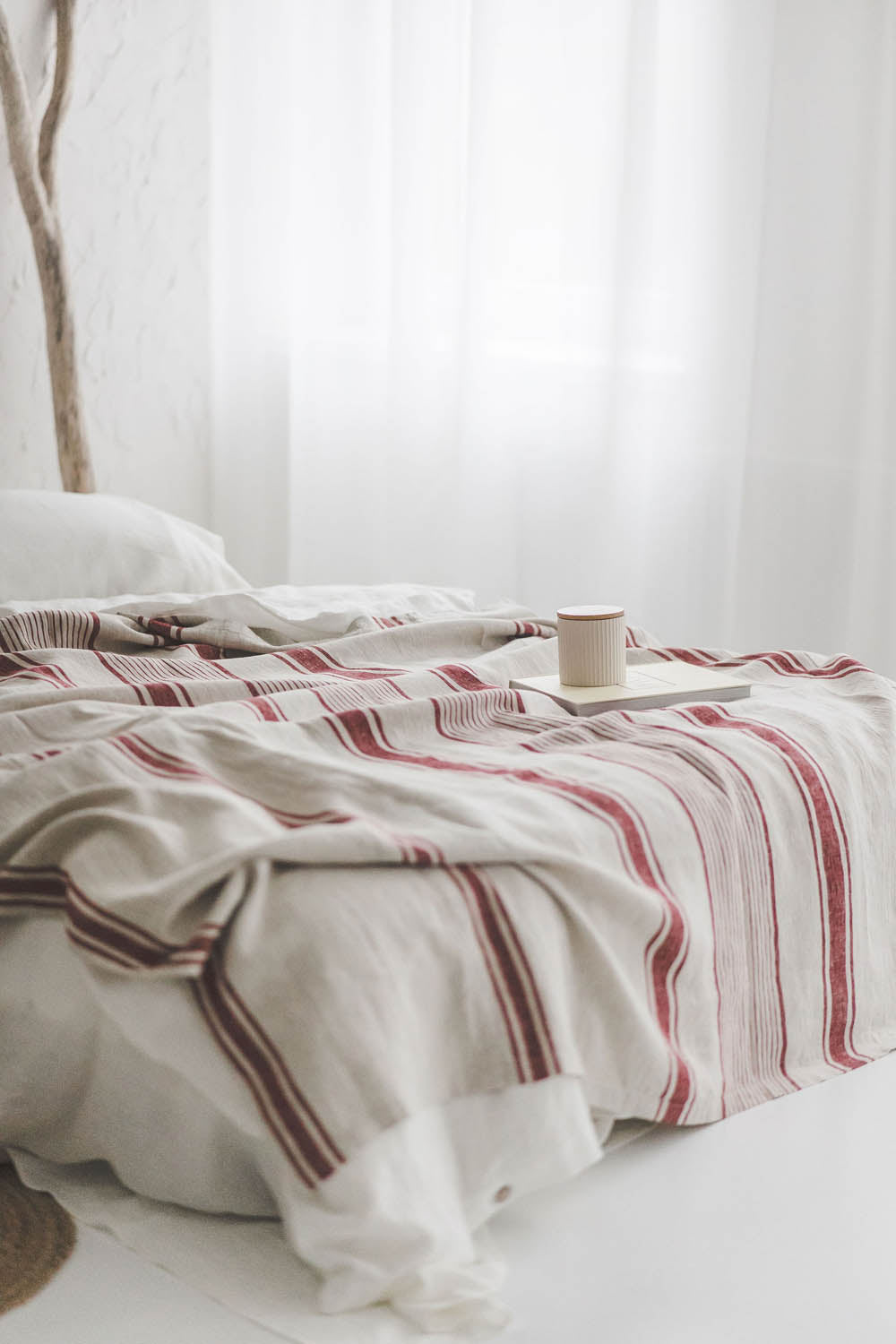 French style linen bedspread with cherry red stripes