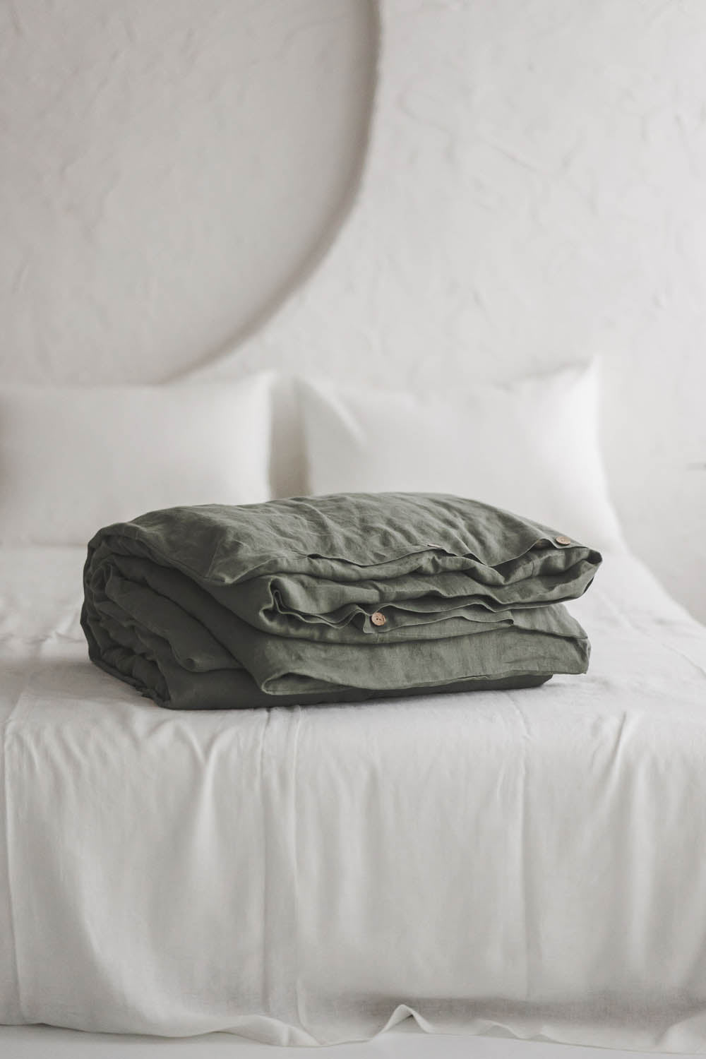 Gray green linen duvet cover with buttons