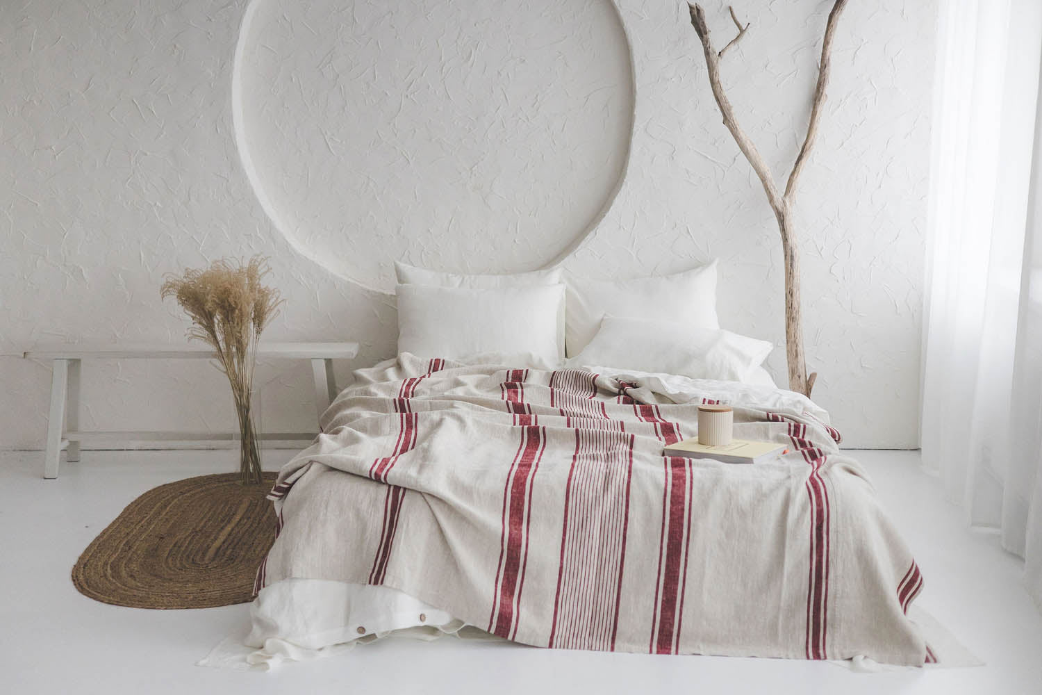 French style linen bedspread with cherry red stripes