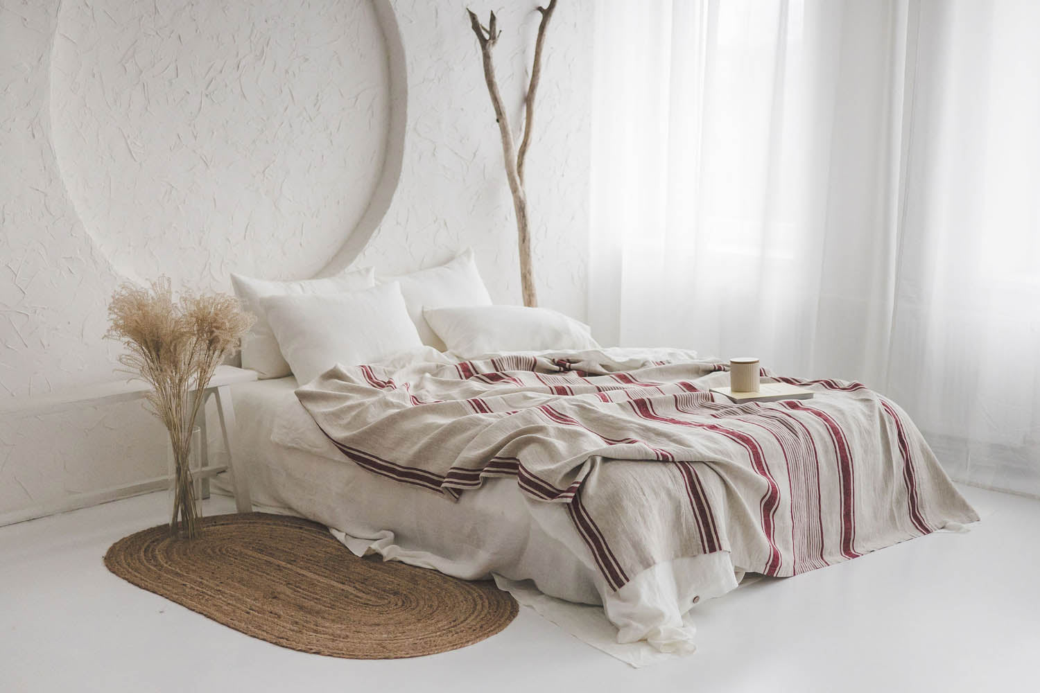 French style linen bedspread with cherry red stripes