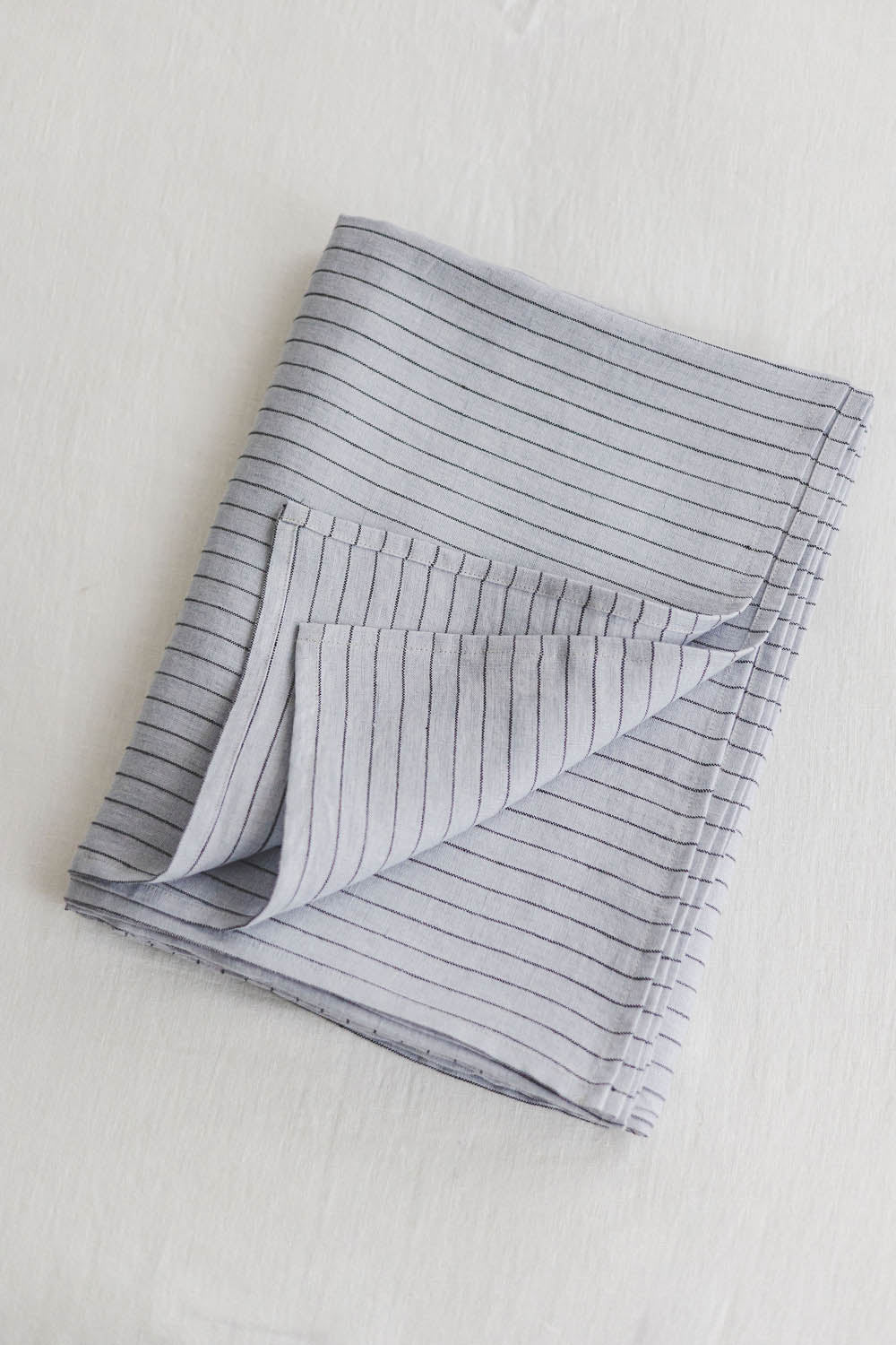 Grey linen flat sheet with black stripes