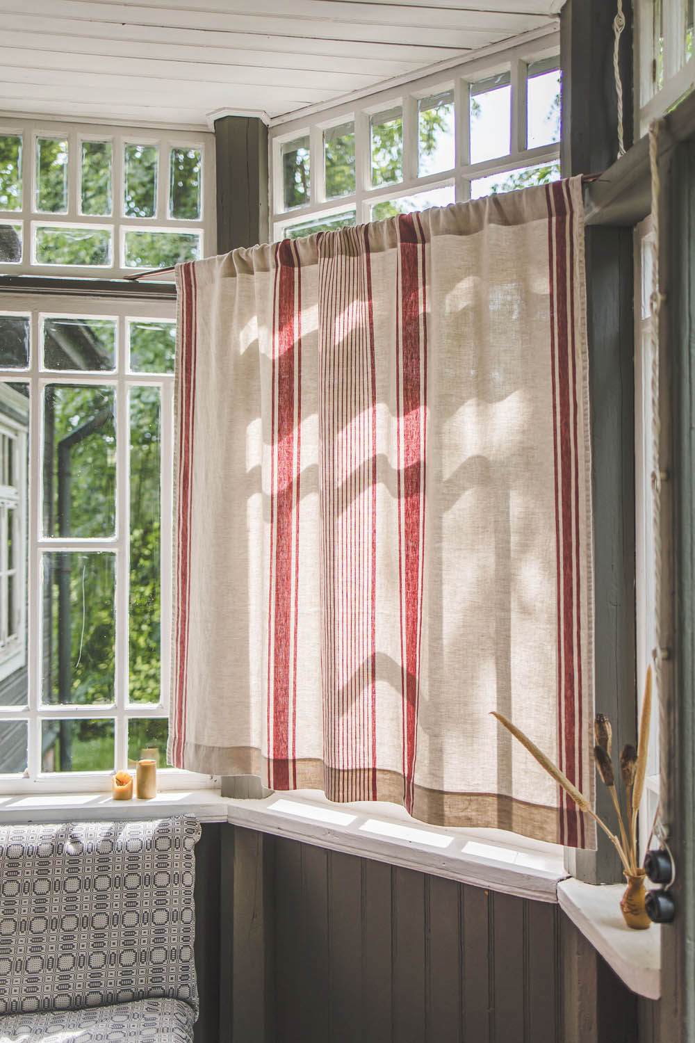 French style linen curtain with cherry red stripes