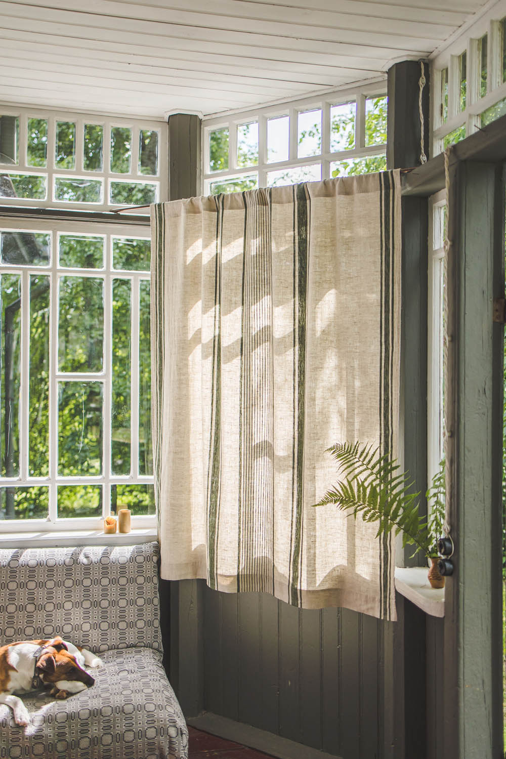 French style linen curtain with green stripes