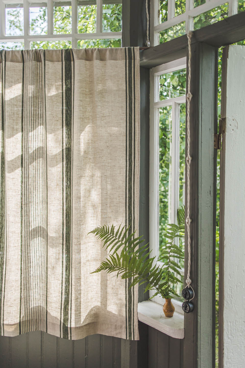 French style linen curtain with green stripes