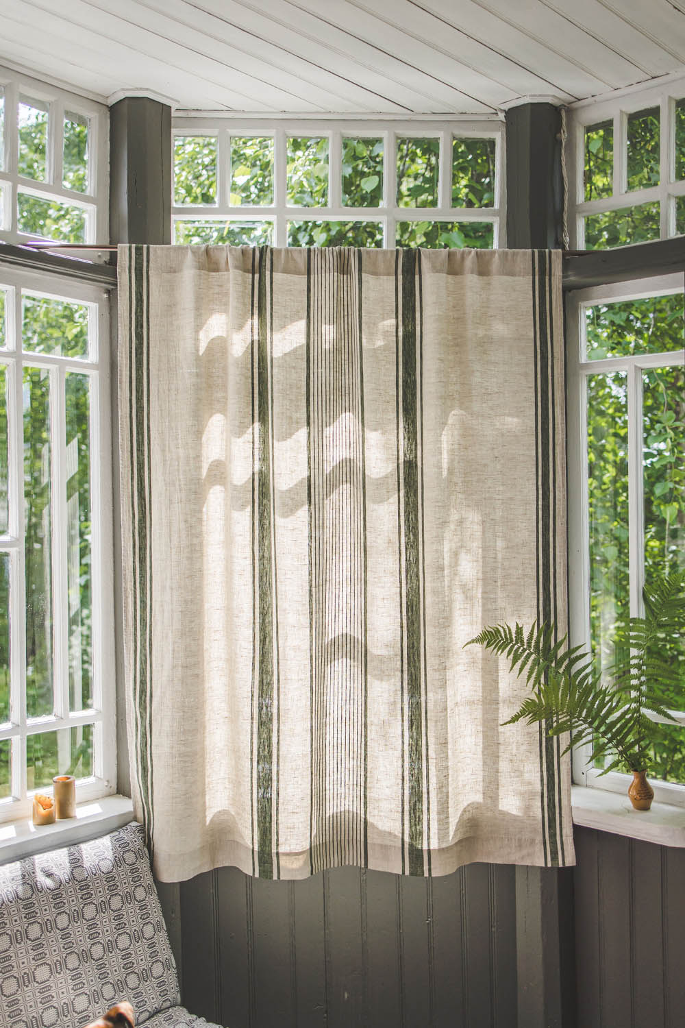 French style linen curtain with green stripes