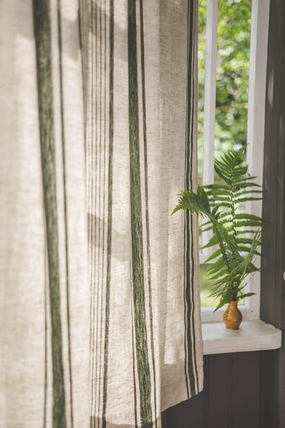 French style linen curtain with green stripes