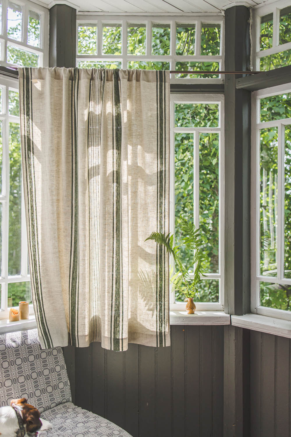 French style linen curtain with green stripes