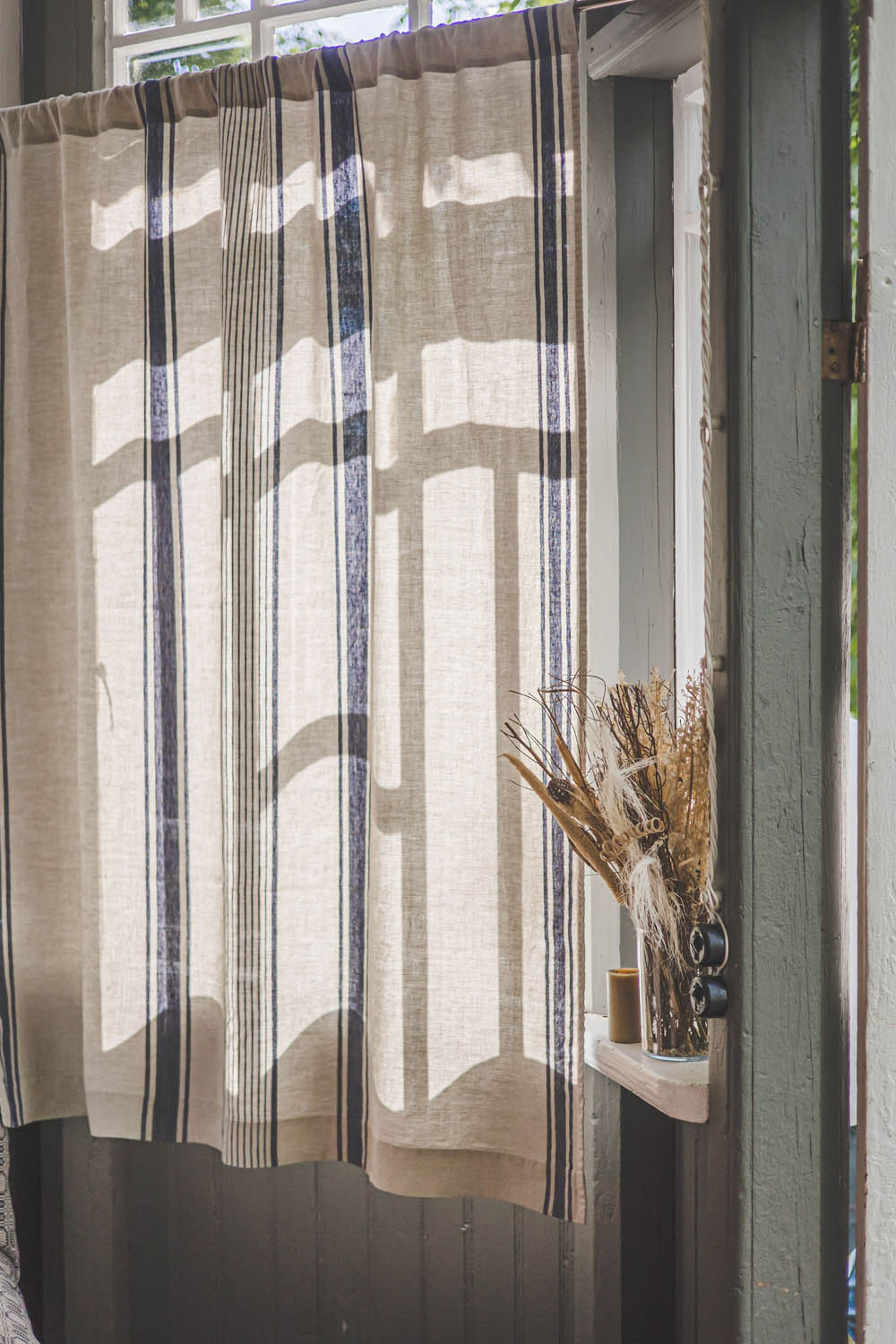 French style linen curtain with blue stripes