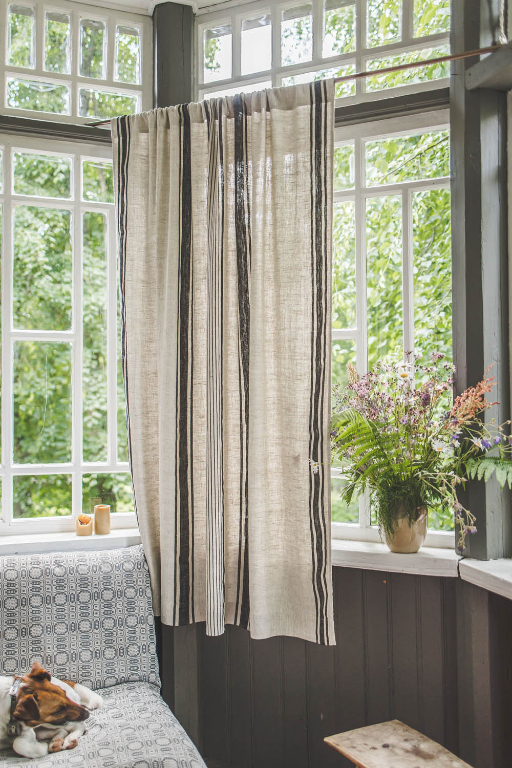 French style linen curtain with black stripes