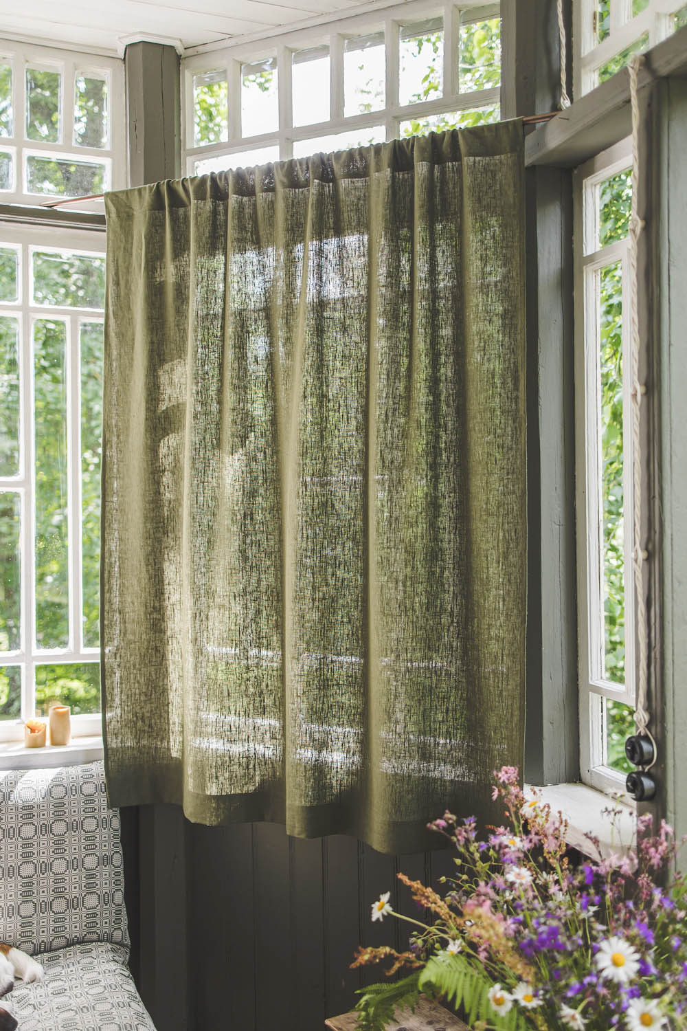 Heavyweight forest green linen curtain