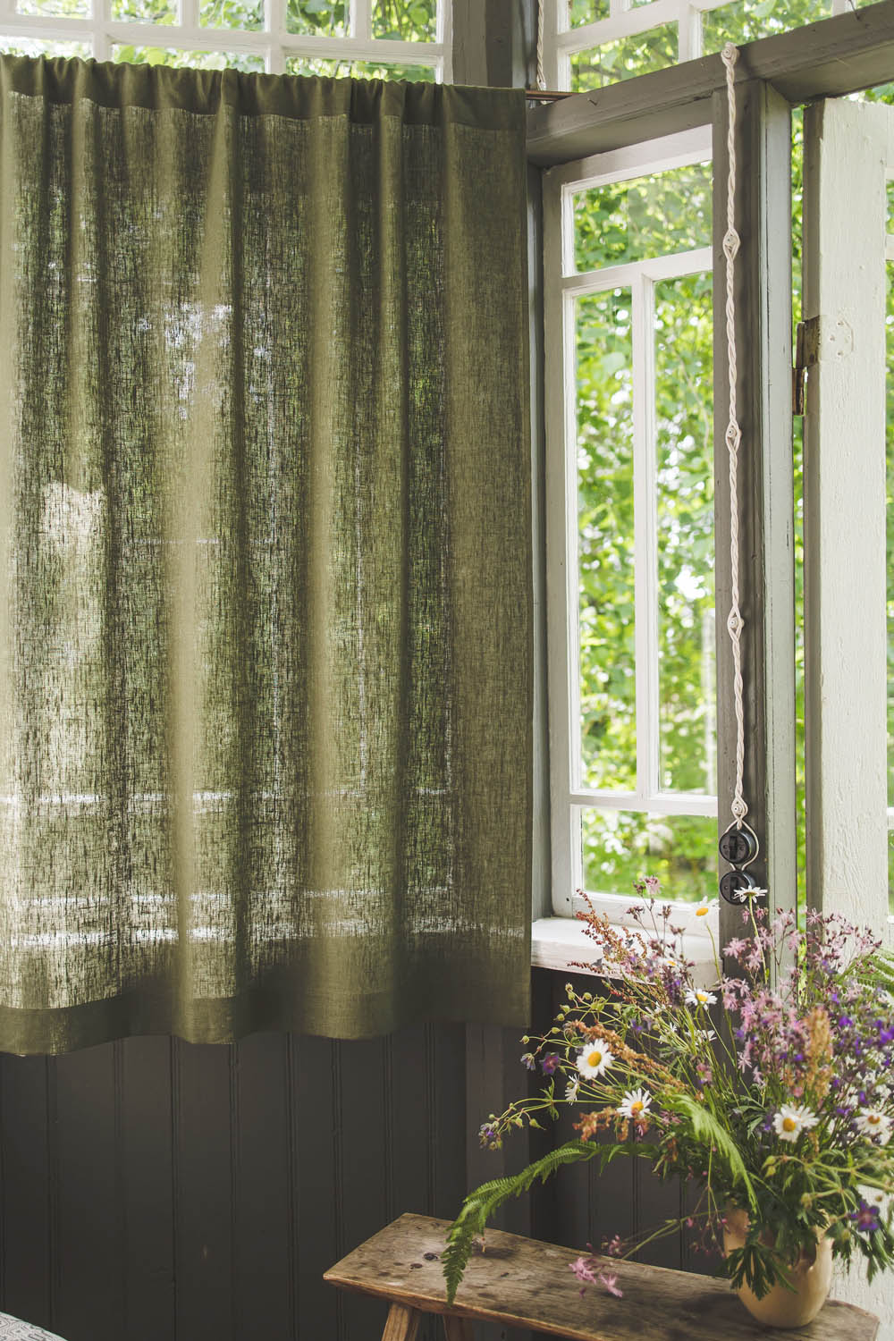 Heavyweight forest green linen curtain