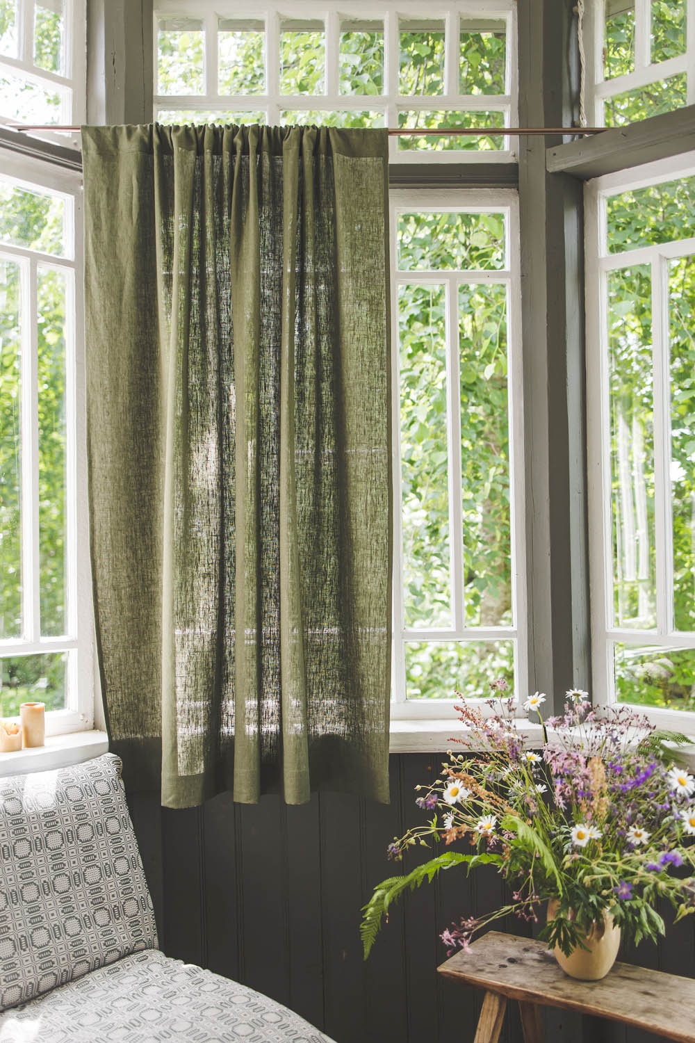 Heavyweight forest green linen curtain