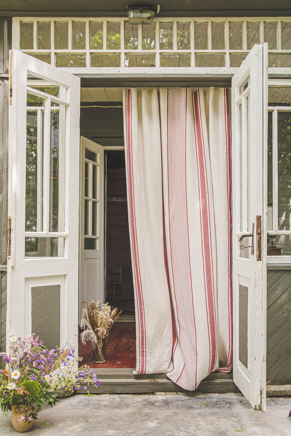 French style linen curtain with cherry red stripes