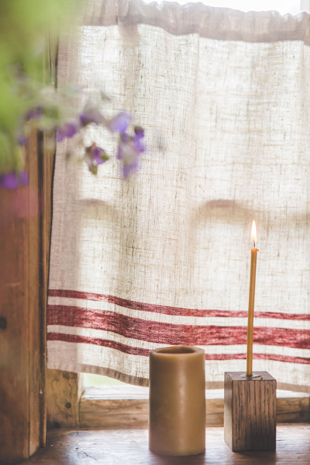 French style linen cafe curtain with cherry red stripes