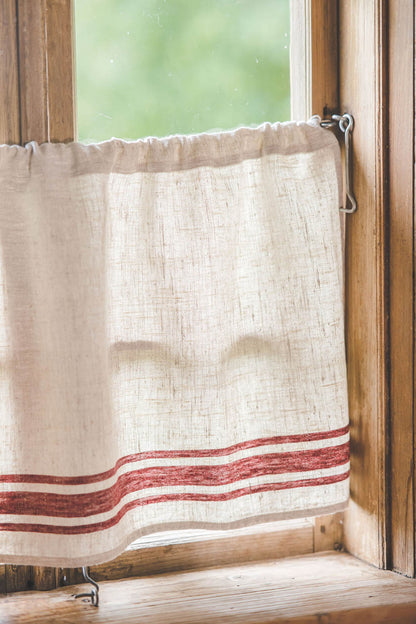 French style linen cafe curtain with cherry red stripes