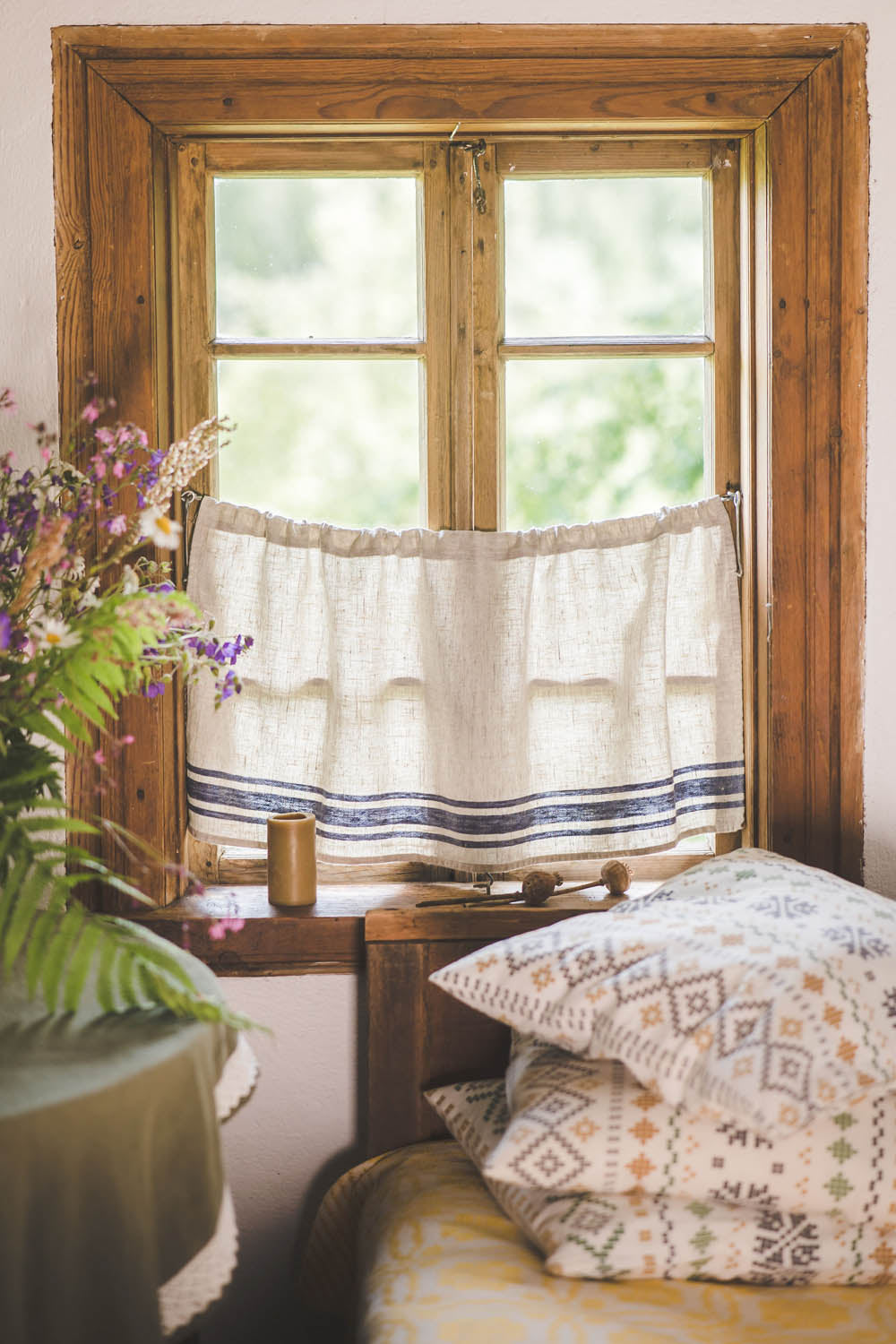 French style linen cafe curtain with blue stripes