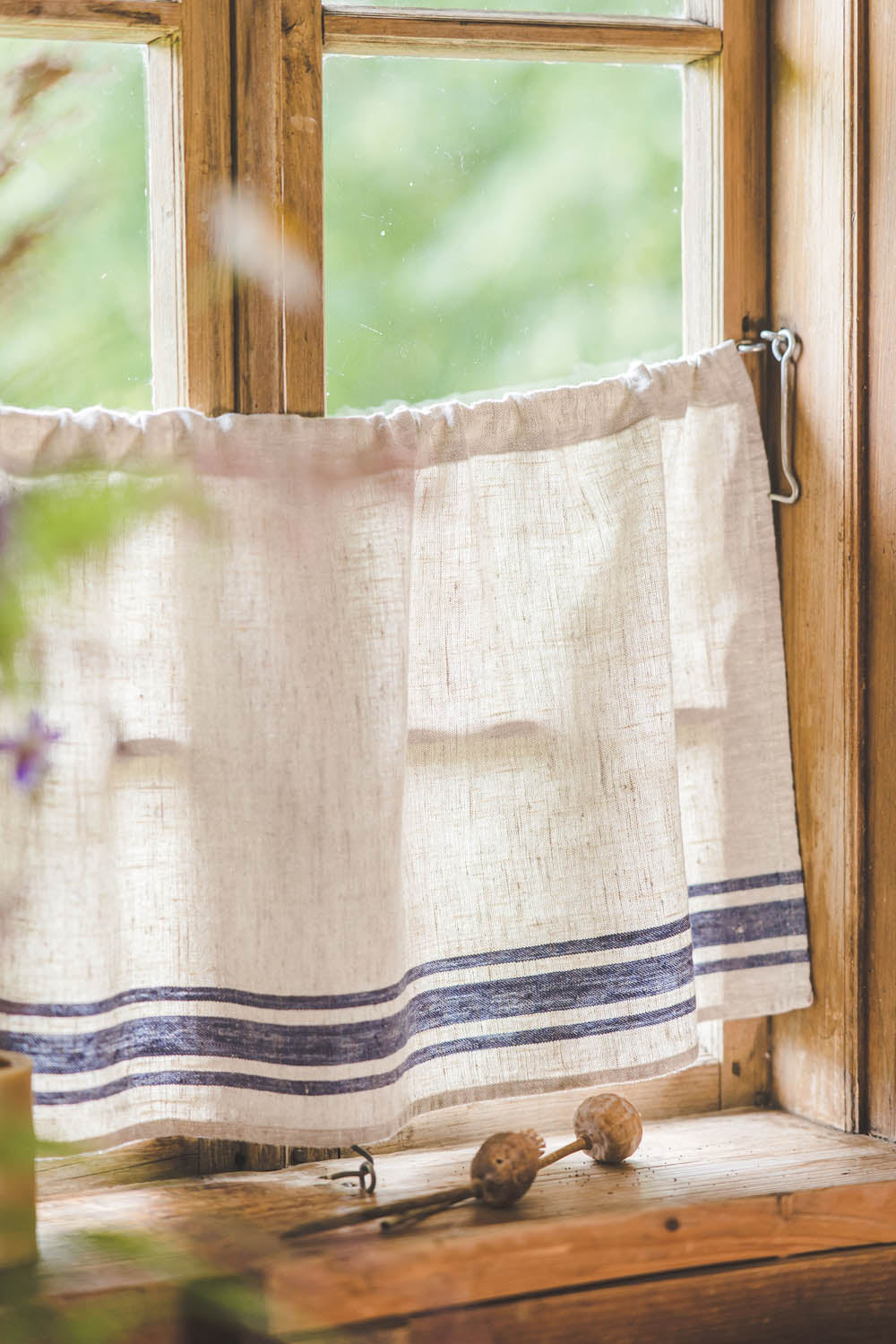 French style linen cafe curtain with blue stripes