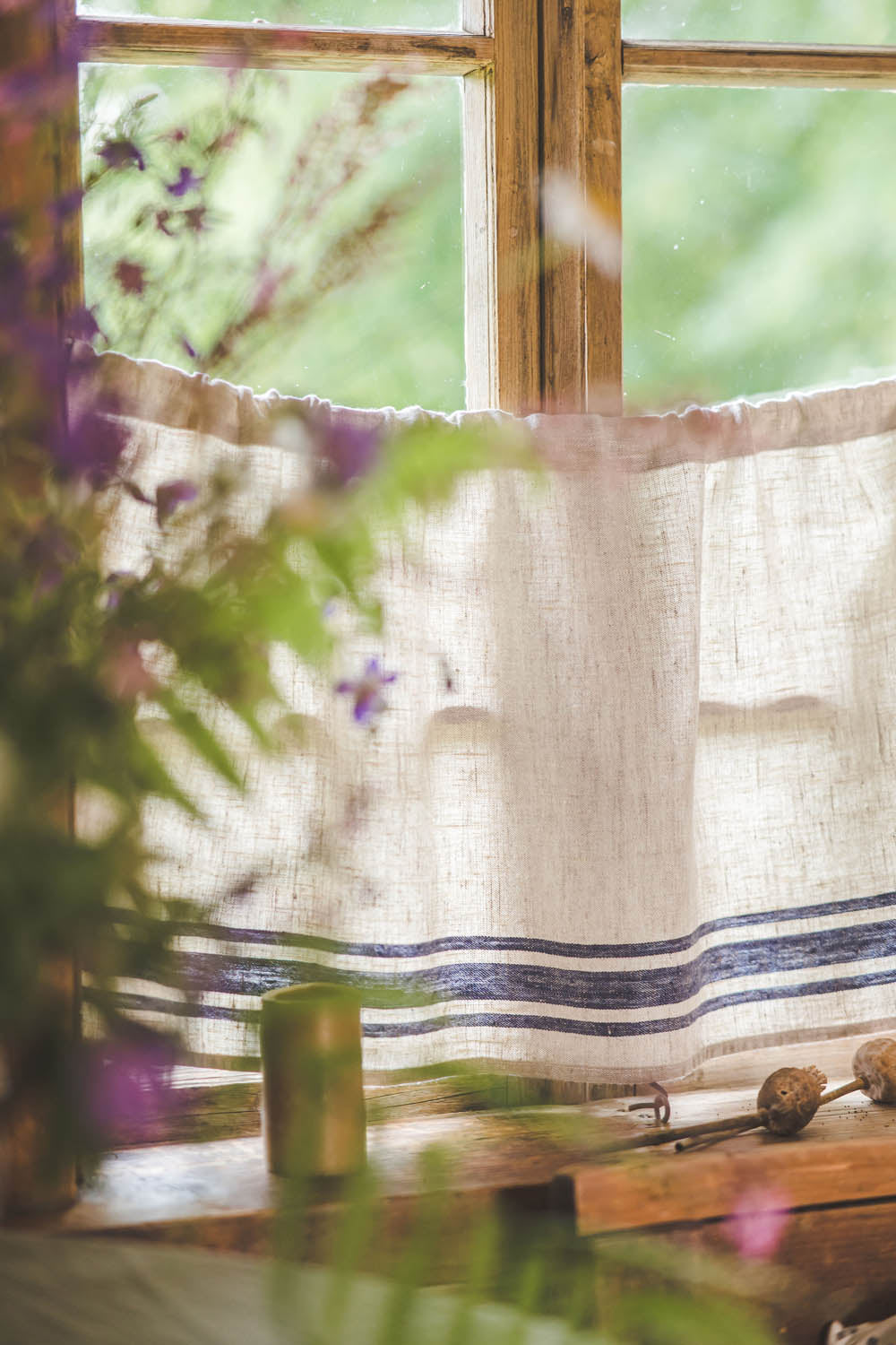 French style linen cafe curtain with blue stripes