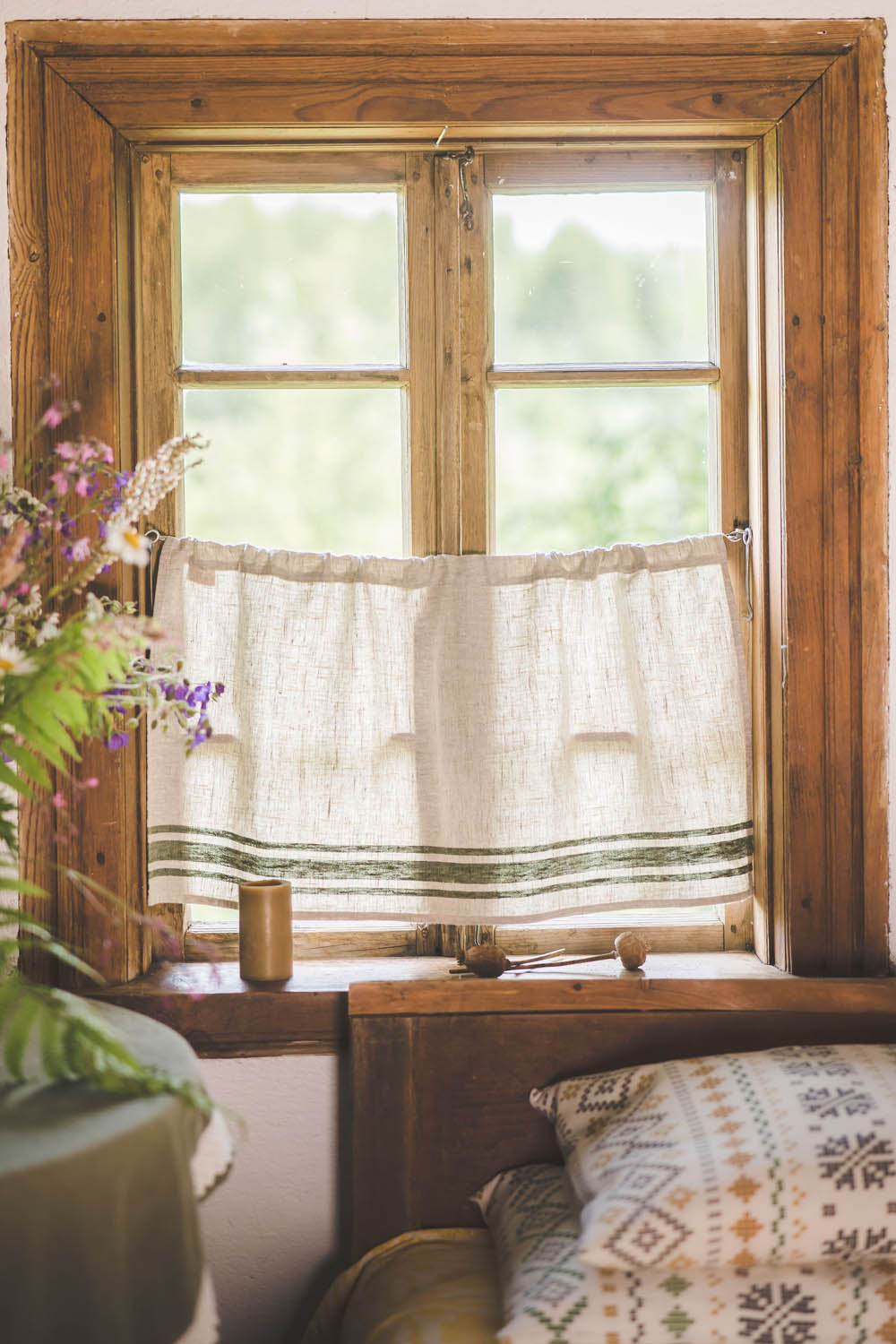 French style linen cafe curtain with green stripes