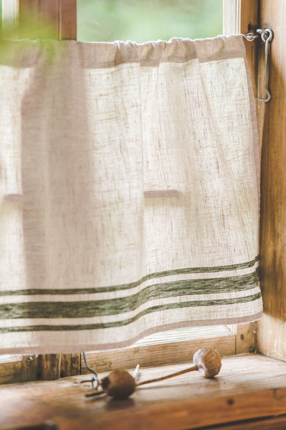 French style linen cafe curtain with green stripes