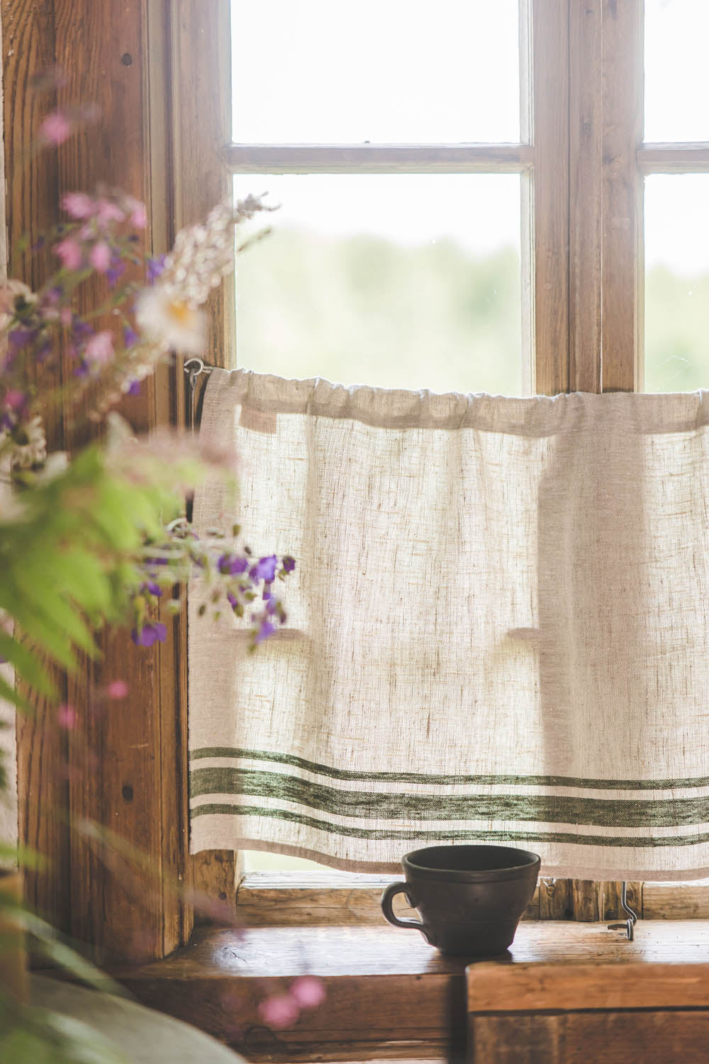 French style linen cafe curtain with green stripes