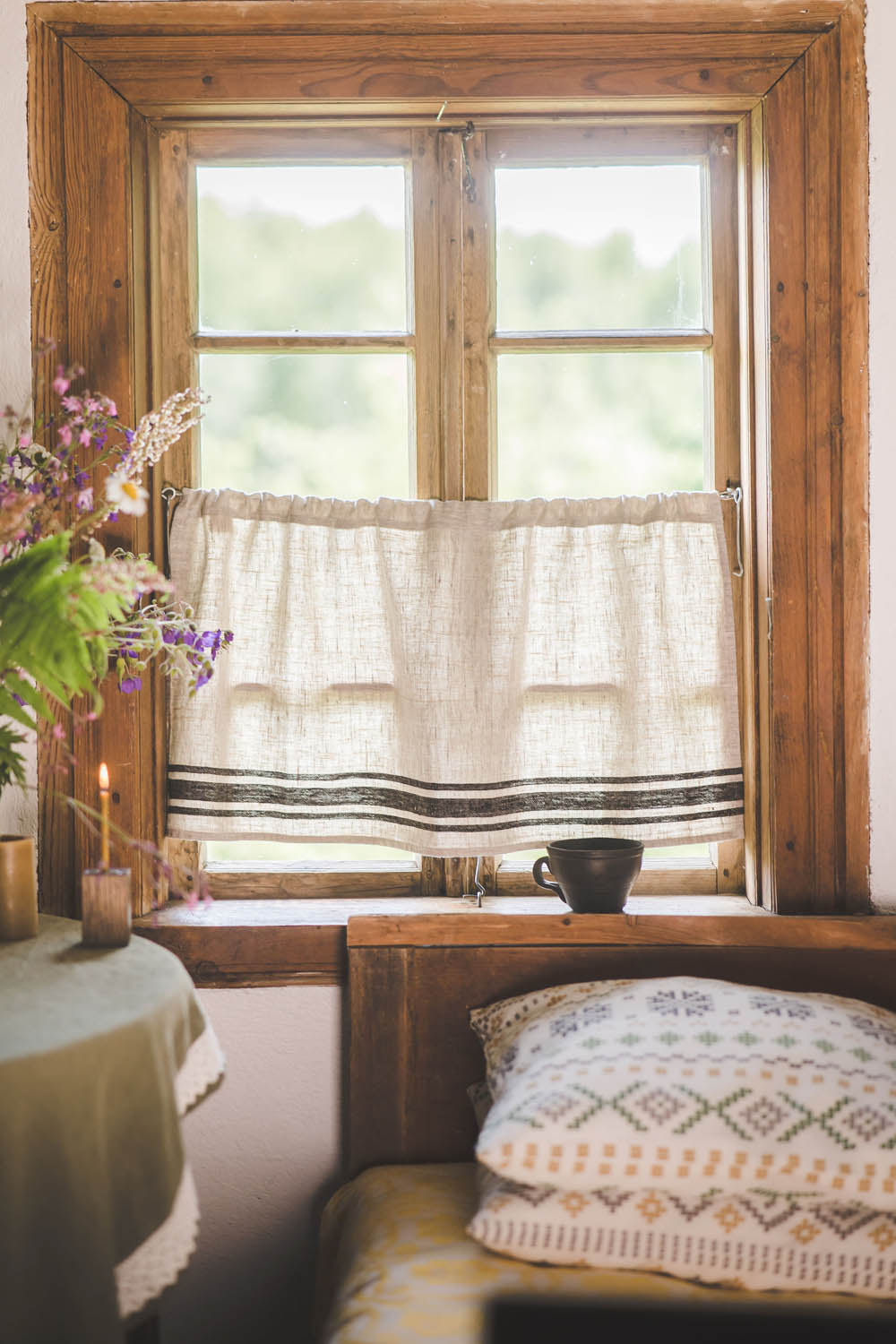 French style linen cafe curtain with black stripes