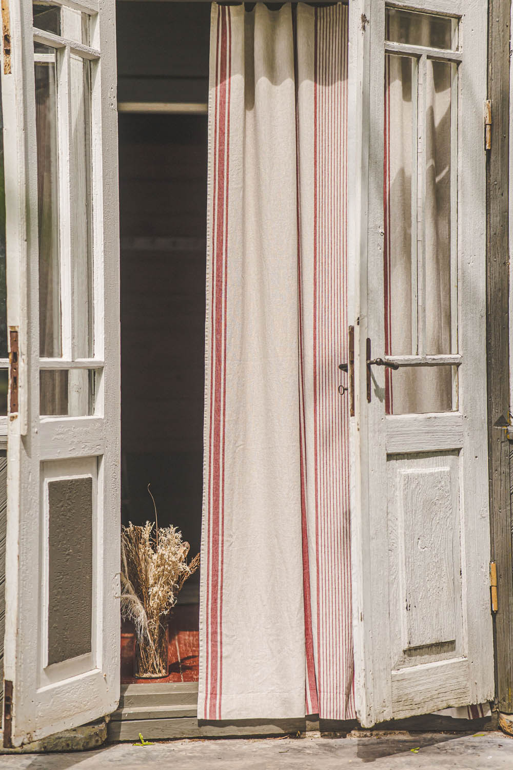 French style linen curtain with cherry red stripes