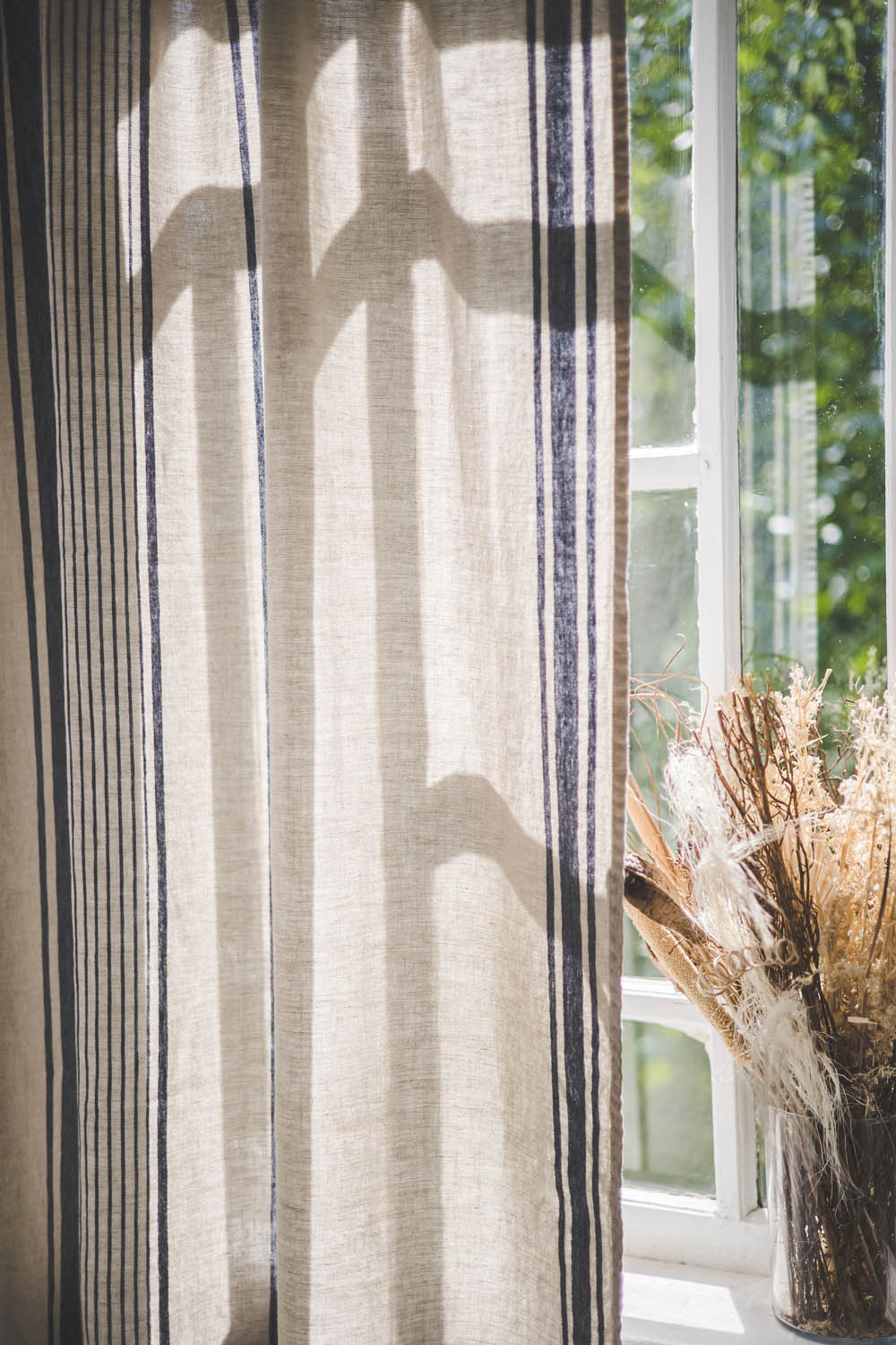 French style linen curtain with blue stripes