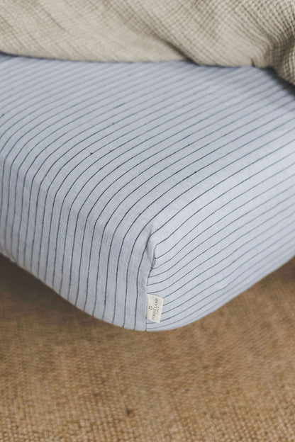 Grey linen fitted sheet with black stripes