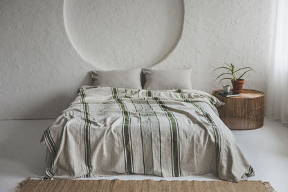 French style linen bedspread with green stripes