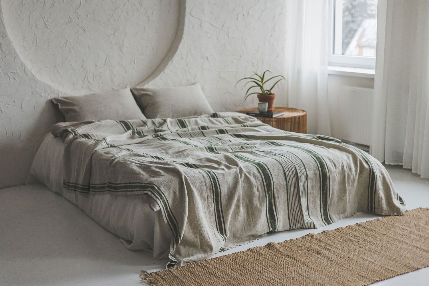 French style linen bedspread with green stripes