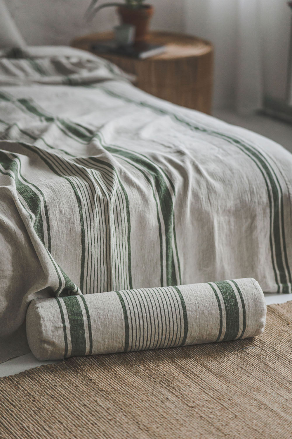 French style linen bedspread with green stripes