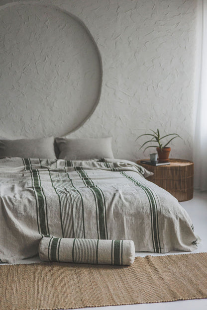 French style linen bedspread with green stripes