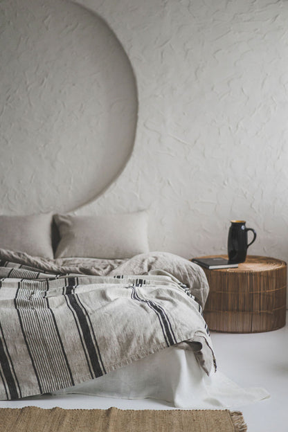 French style linen bedspread with black stripes