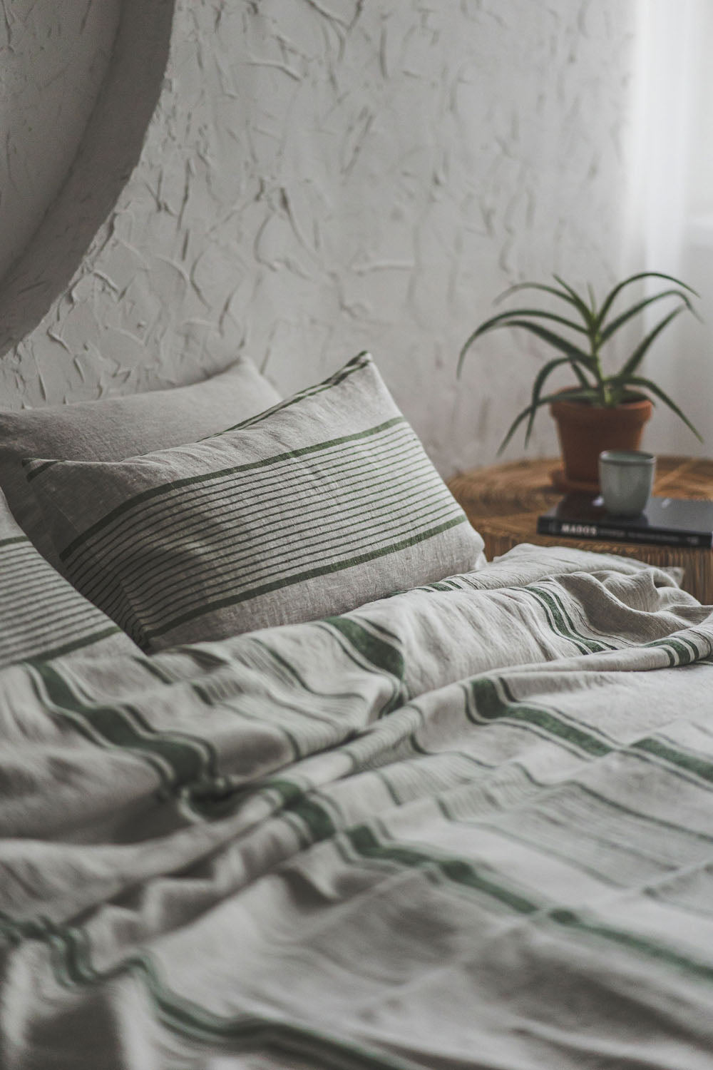 French style linen bedspread with green stripes